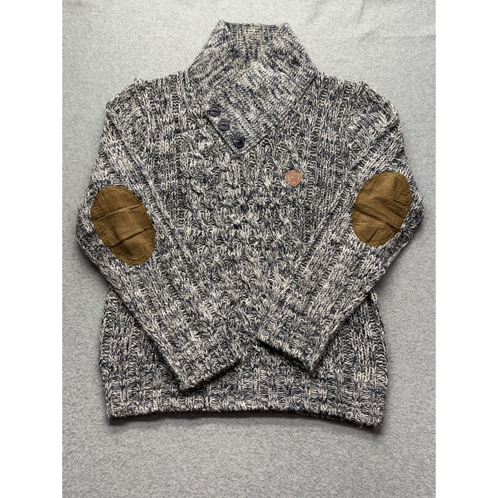 Parish Nation 56 Mens Med Cable Knit Sweater Grey Navy Elbow Patches Shawl Neck